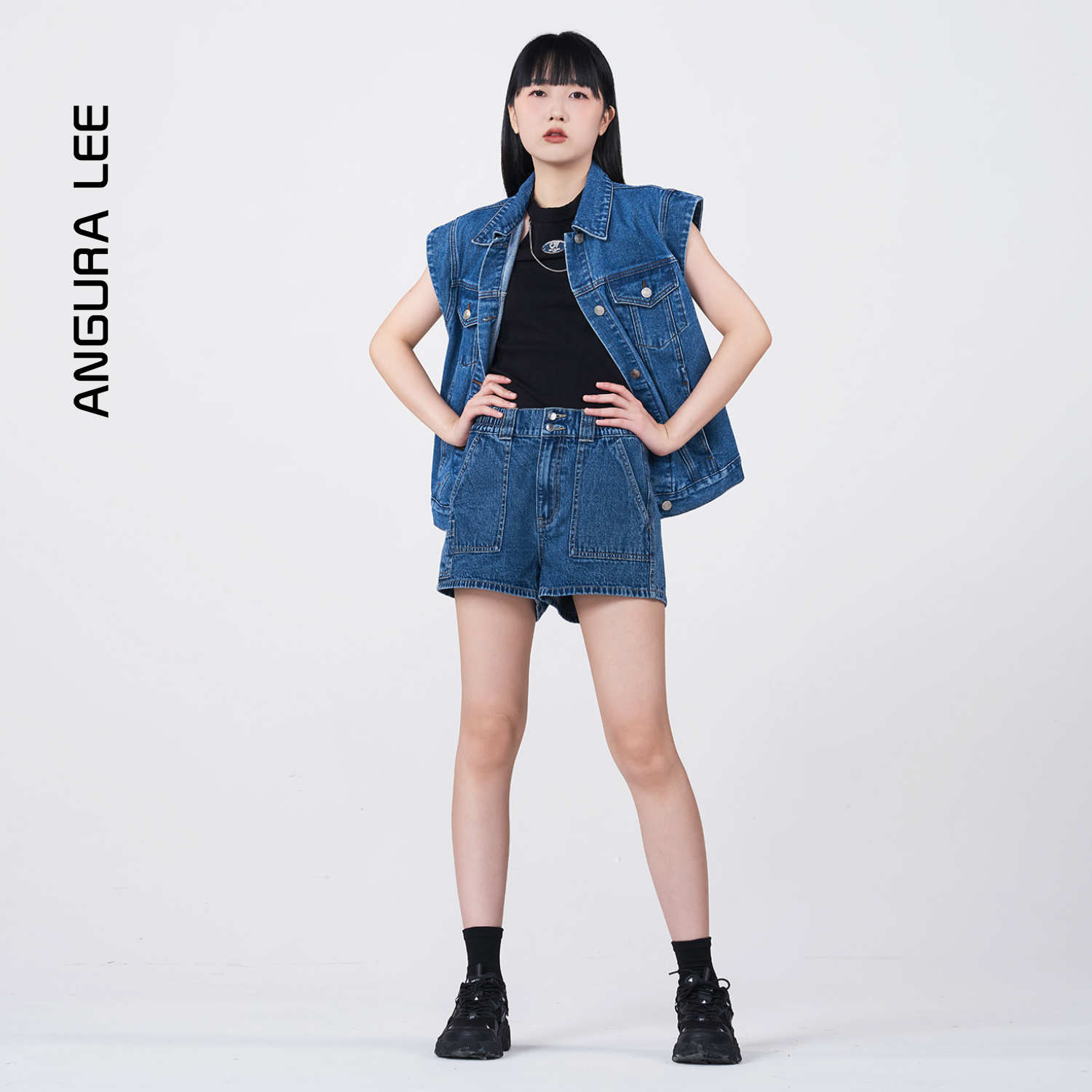 春夏經典水洗中褲藍女裝牛仔寬松馬甲