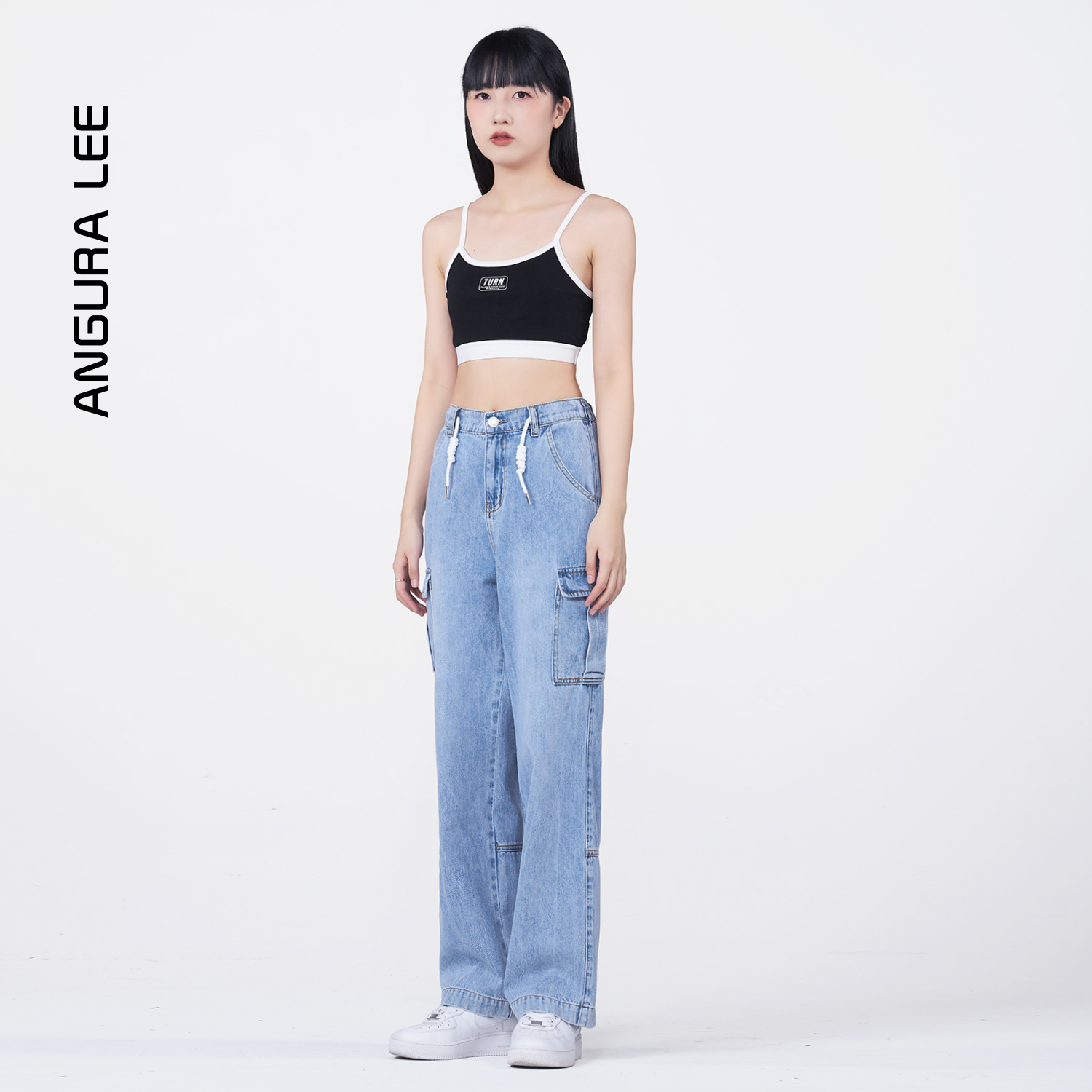 春夏經典水洗淺藍女裝牛仔高腰工裝直筒褲