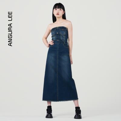 春夏經典水洗復古深藍女裝牛仔裹胸緊身連衣裙