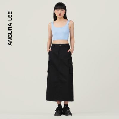 春夏新款經典水洗黑色女裝高腰工裝梭織半裙