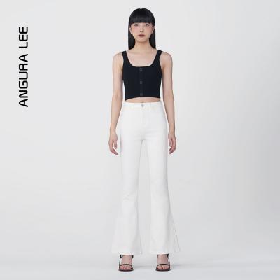 春夏新款經(jīng)典水洗本白色女裝高腰后開(kāi)叉喇叭褲